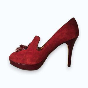 Size 7M, Vince Camuto cranberry suede, tasseled platform pumps